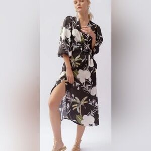 NWOT Anthologie Lobo Rosa XL Black White Floral Wrap Dress Flutter Sleeves